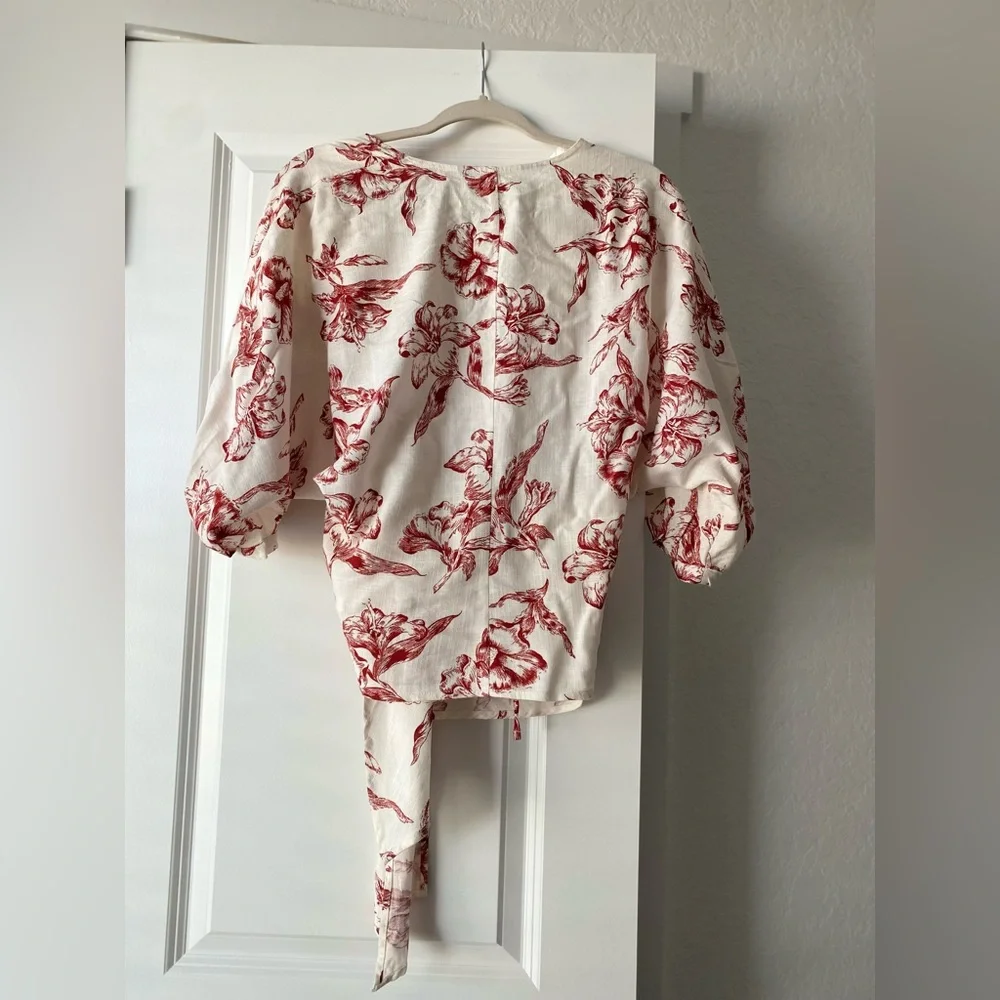Zara Linen Blend Floral Cropped Puff Sleeve Wrap Top Size XS